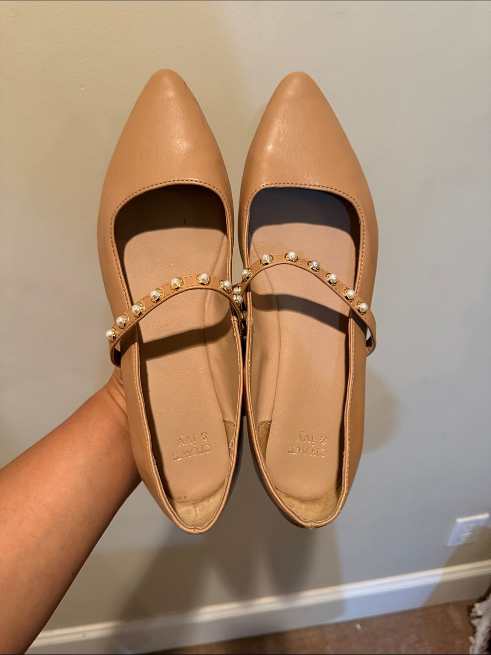 crown & ivy Tan Pointed Pearl-Accent Ballet Flats
